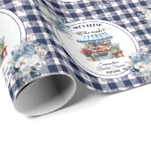 Blauw Gingham Niet Meer Te Koop Bruiloft Feest Cadeaupapier (Rol Hoek)