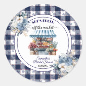 Blauw Gingham Niet Meer Te Koop Bruiloftsshower Bl Ronde Sticker (Voorkant)