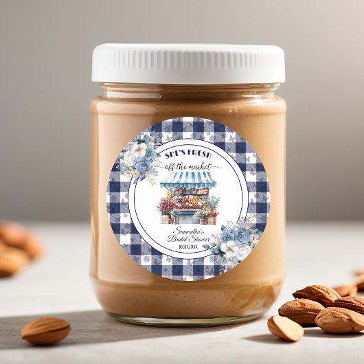 Blauw Gingham Niet Meer Te Koop Bruiloftsshower Ronde Sticker