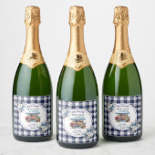 Blauw Gingham Niet Meer Te Koop Bruiloftsshower Sparkling Wijnetiket (Flessen)