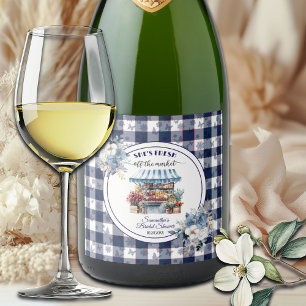 Blauw Gingham Niet Meer Te Koop Bruiloftsshower Sparkling Wijnetiket
