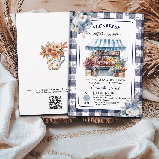 Blauw Gingham Niet Meer Te Koop QR Code Bruidsdine Kaart