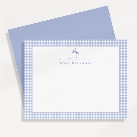Blauw Gingham Ooievaar Kraam Kaart