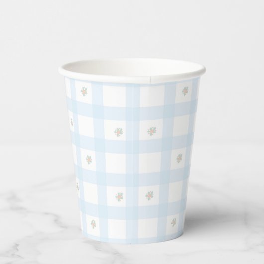 Blauw Gingham Patroon Bloemen Cartoon Party Suppli Papieren Bekers (Rechts)
