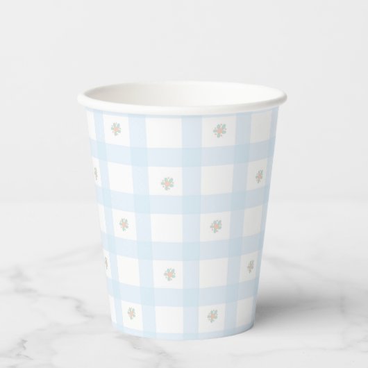 Blauw Gingham Patroon Bloemen Cartoon Party Suppli Papieren Bekers (Voorkant)