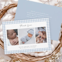 Blauw Gingham Patroon Jongens 3 Foto Bedanktkaart