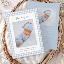 Blauw Gingham Patroon Jongens Baby Bedanktkaart
