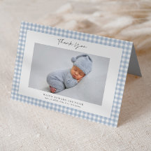 Blauw Gingham Patroon Jongens Foto Bedankkaart
