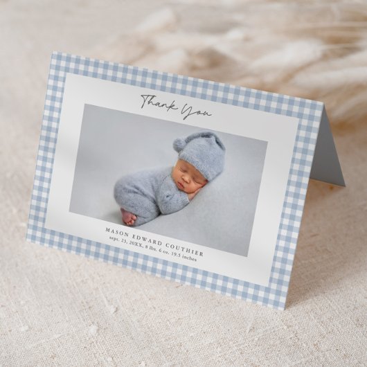Blauw Gingham Patroon Jongens Foto Bedankkaart