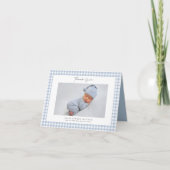 Blauw Gingham Patroon Jongens Foto Bedankkaart (Voorkant)