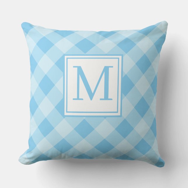 Blauw Gingham Patroon Monogram Eerste Worp Kussen (Voorkant)