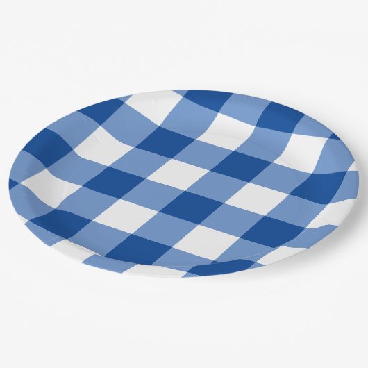 Blauw gingham patroon papieren bordje (Gekanteld)