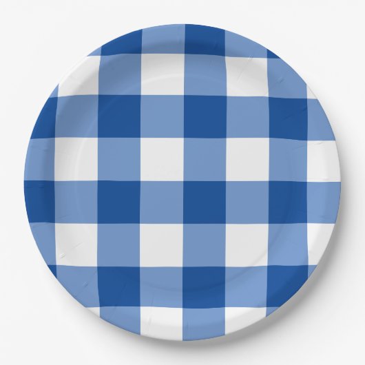Blauw gingham patroon papieren bordje (Voorkant)