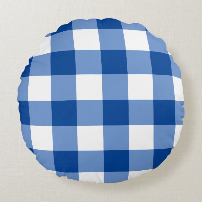 Blauw gingham patroon rond kussen (Voorkant)