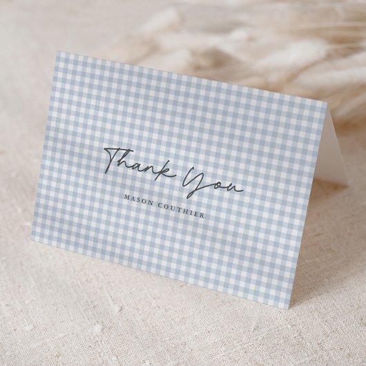 Blauw Gingham Patroon Script Gevouwen  Bedankkaart