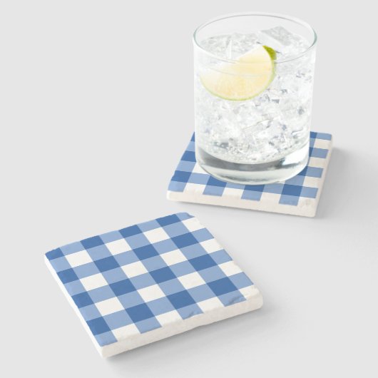 Blauw gingham patroon stenen onderzetter (Zijkant)