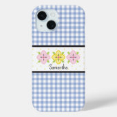 Blauw Gingham Plaid Bloem Monogram Case-Mate iPhone Case (Achterkant)