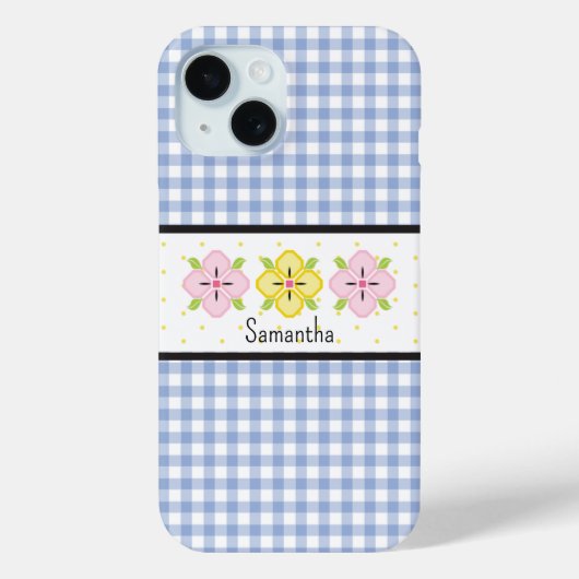 Blauw Gingham Plaid Bloem Monogram Case-Mate iPhone Case (Achterkant)