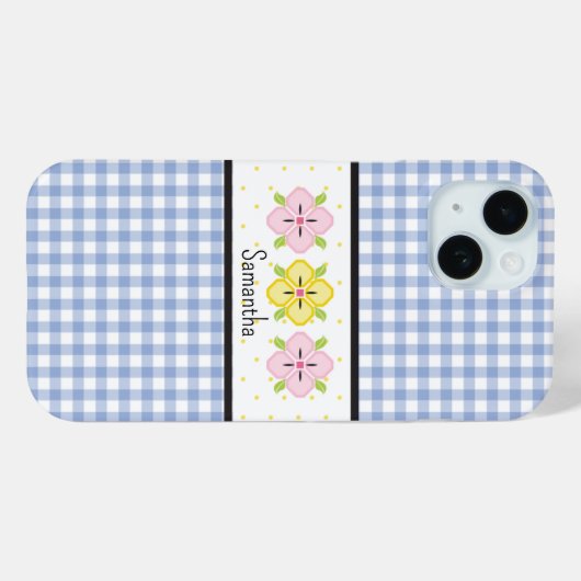 Blauw Gingham Plaid Bloem Monogram Case-Mate iPhone Case (Achterkant (horizontaal))