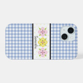 Blauw Gingham Plaid Bloemmotief Monogram iPhone 15 Case (Achterkant horizontaal)