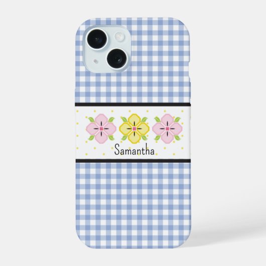 Blauw Gingham Plaid Bloemmotief Monogram iPhone 15 Case (Achterkant)