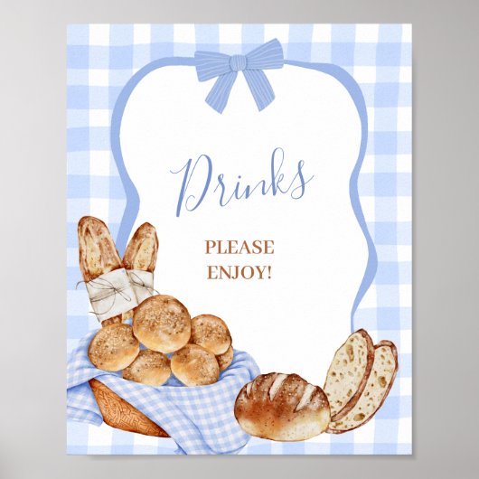 Blauw Gingham Plaid Broodje Drinken Feestbord Poster (Voorkant)