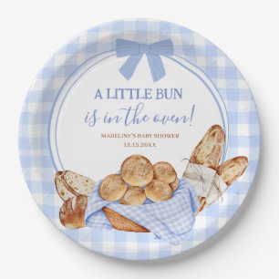 Blauw Gingham Plaid Broodje in de oven Papieren bo Bordje
