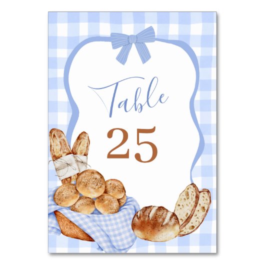 Blauw Gingham Plaid Broodje in de oven Tafelnummer (Voorkant)