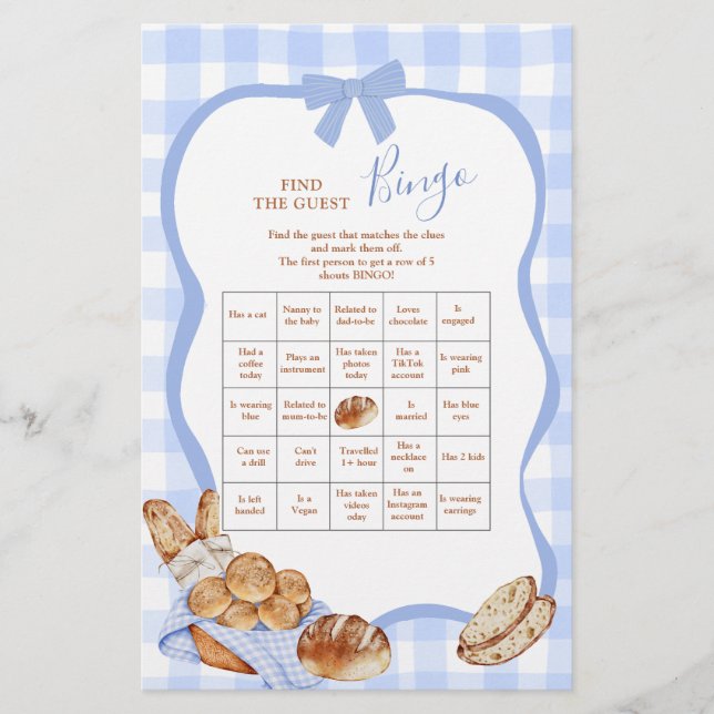 Blauw Gingham Plaid Broodje Vind De Gast Bingo (Voorkant)