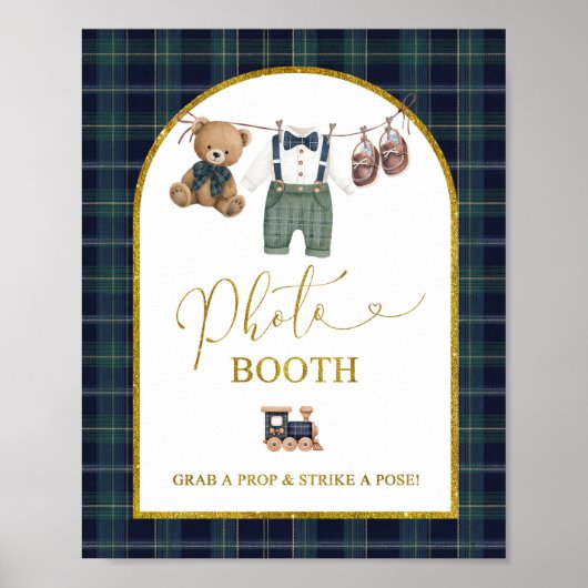 Blauw Gingham Plaid Bun PhotoBooth Feestbord Poster (Voorkant)