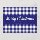 Blauw Gingham Plaid Script Prettig Kerstfeest Briefkaart (Voorkant)