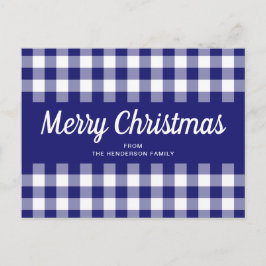 Blauw Gingham Plaid Script Prettig Kerstfeest Briefkaart