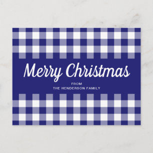 Blauw Gingham Plaid Script Prettig Kerstfeest Briefkaart