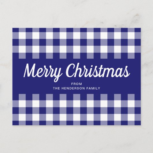 Blauw Gingham Plaid Script Prettig Kerstfeest Briefkaart (Voorkant)