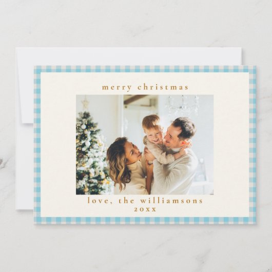  blauw Gingham Pset Aangepaste kerstfoto Feestdagenkaart (Voorkant)