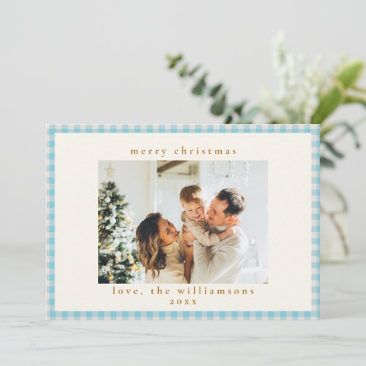  blauw Gingham Pset Aangepaste kerstfoto Feestdagenkaart (Staand voorkant)