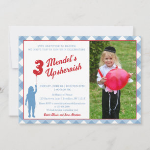 Blauw Gingham Rode Ballon Upsherin Foto Uitnodigin Kaart