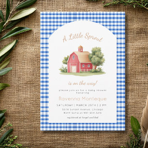 Blauw Gingham Rode Schuur Kleine Spruit Baby Showe Kaart