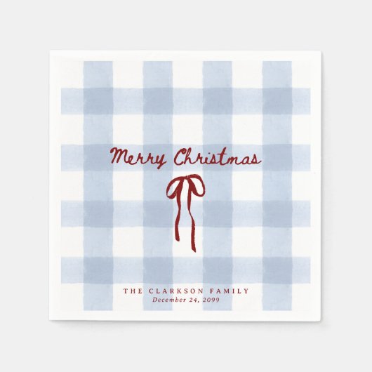 Blauw Gingham RODE Strik Kerstservetten Servet (Voorkant)