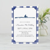 Blauw Gingham Roei Verjaardagsfeestje Kaart (Staand voorkant)