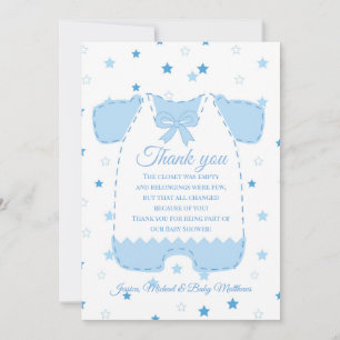 Blauw Gingham Romper Sterren Jongens Baby Shower Bedankkaart