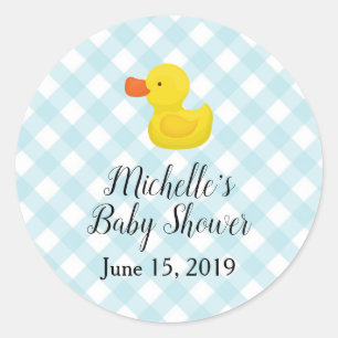 Blauw Gingham Rubber Duckie Baby Borrel Ronde Sticker