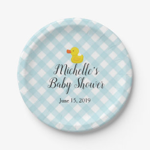 Blauw Gingham Rubber Duckie Baby Shower Papieren Bordje
