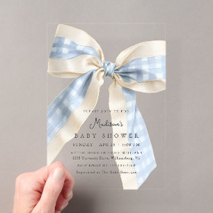 Blauw Gingham Ruitjes Boog Cute Baby Shower Acryl Uitnodigingen