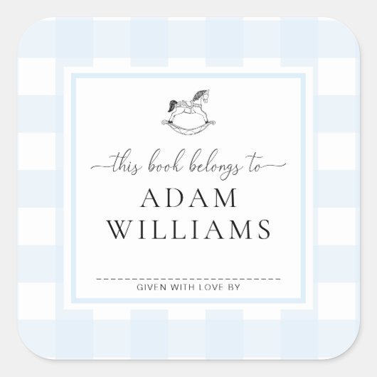 Blauw Gingham Schommelend Paard Ex-Libris Sticker (Voorkant)