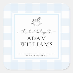 Blauw Gingham Schommelend Paard Ex-Libris Sticker
