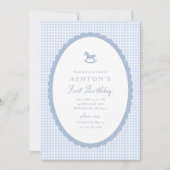 Blauw Gingham Schommelend Paard Jongens Verjaardag Aankondiging (Voorkant)