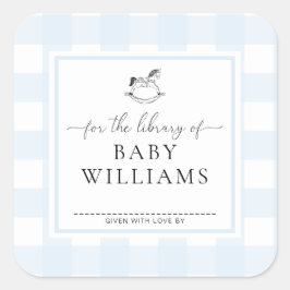 Blauw Gingham Schommelpaard Bibliotheek Boekplaat Vierkante Sticker