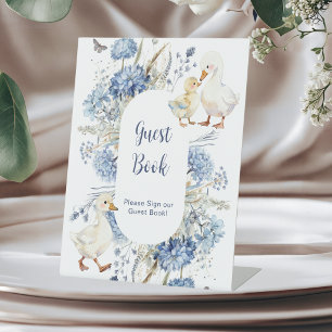 Blauw Gingham Silly Goose Bloemen Gastboek Reclamebord Met Voetstuk