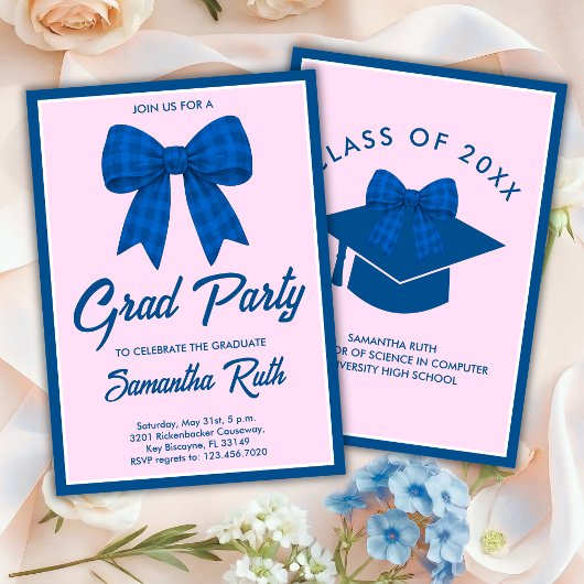 Blauw Gingham Strik Afstudeerfeest Kaart